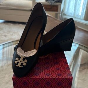 Tory Burch Claire Closed Toe Wedge Heels with Gold Logo
